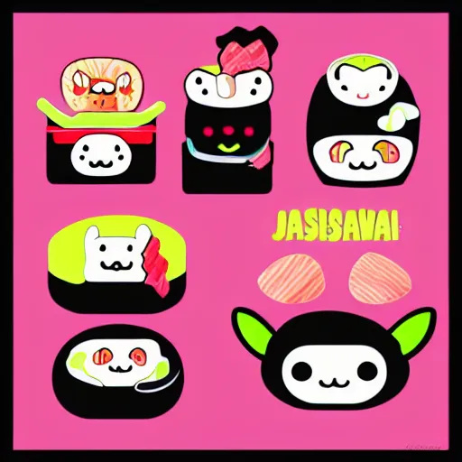 Prompt: kawaii sushi food character japanese mascot. Pastel tones. cartoon anime repeating pattern