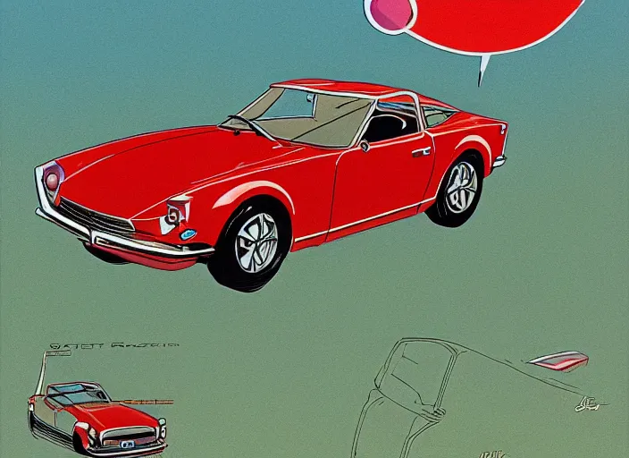 Prompt: highly detailed 1 9 6 9 red datsun fairlady roadster, retro minimalist art by jean giraud, moebius starwatcher comic, sharp, 8 k