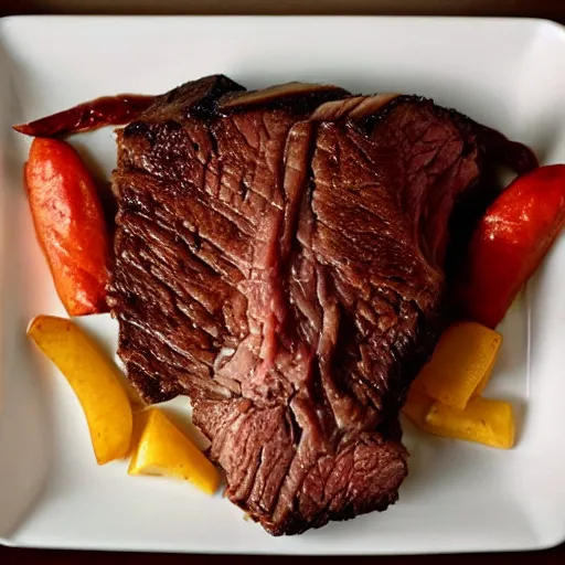 Image similar to chuck roast norris, food photo of chuck norris face in chuck roast