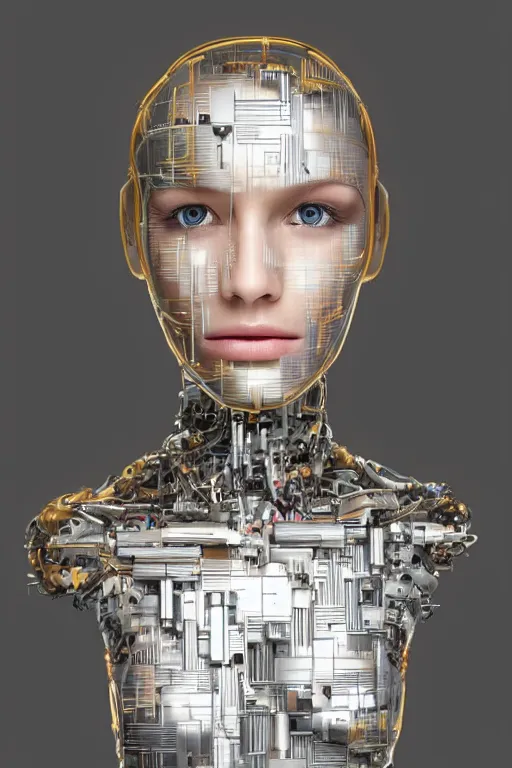 Image similar to robot with human face, female head, full body angle, woman human face, human face realistic, beautiful blonde hair, human head, human head with blonde hair, blonde hair human head, blonde hair, human realistic face, human head skin, cyborg frame concept, cyborg by ales-kotnik, sci-fi android female, the body is made of wires, robotic body, cyborg body, cyborg bust body, robot body cyborg, full body