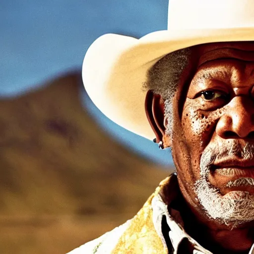 Image similar to an film still of morgan freeman as cowboy with beard, western background