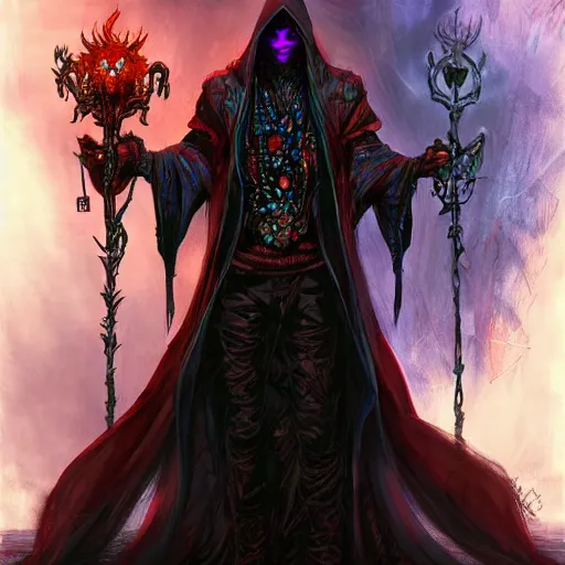 Image similar to dark cloaked necromancer by android jones, trending on artstation