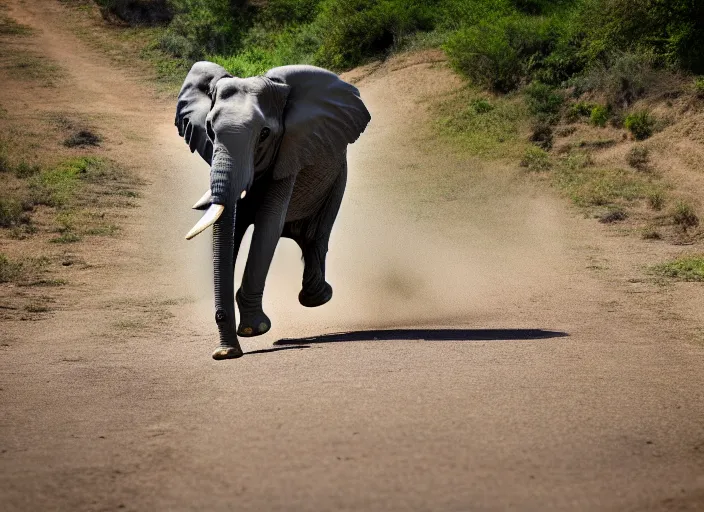 Prompt: dslr photo still of an elephant jumping from a mountain, 4 k, 1 2 0 mm f 1 6