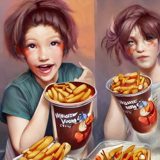 Image similar to hot dogs and yogurt is a messy eating contest, wlop, artgerm, mucha