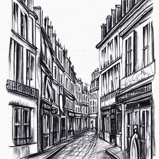 Prompt: hand drawing sketch of an old street in paris