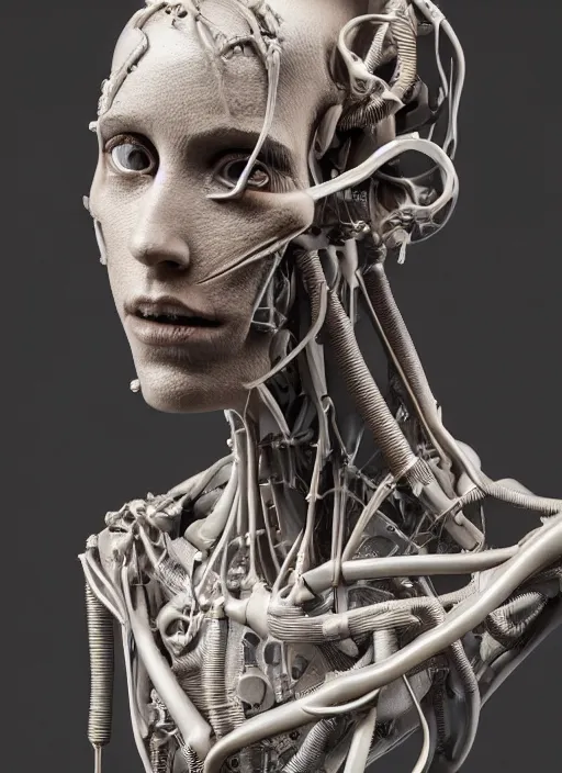 Prompt: an orthographic bust sculpture of anatomical female detailed cyborg, veins, mechanical parts, studio lighting by Wes Anderson