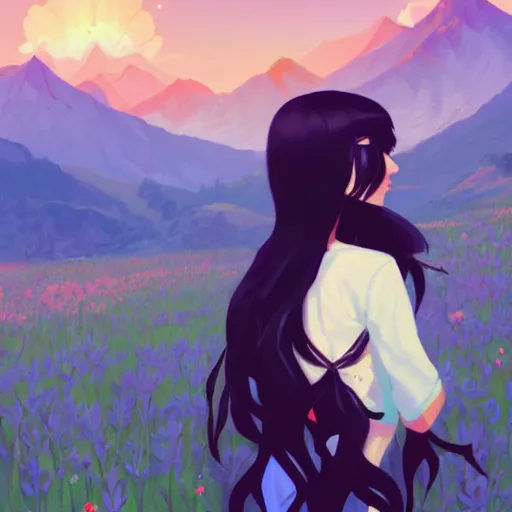 Image similar to portrait of teen girl with long black hair and bangs, detailed facial features, beautiful face, flower fields and mountains in the background, digital painting, artstation, highly detailed, by makoto shinkai and thomas kindle and James gilleard