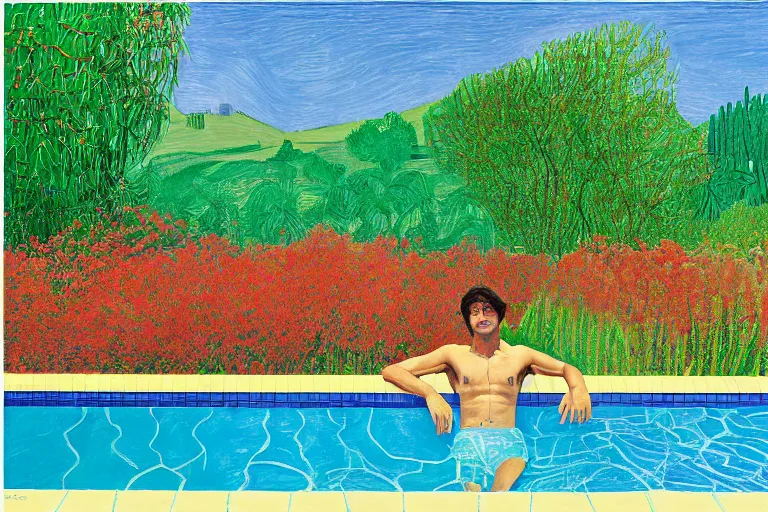 Image similar to justin trudeau sunbathing in a swimming pool in a house in california, summer blue sky, shimmering water, lush trees and bushes garden lawn, by david hockney, peter doig, lucien freud, francis bacon, pop realism, oil on canvas