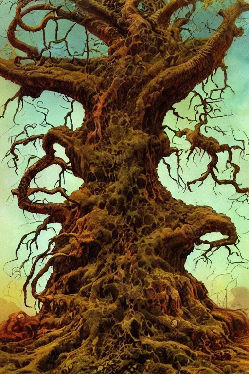 Prompt: Painting of Yggdrasil the tree of life by Frank Frazetta and Richard Corben, oils and airbrush, digital art