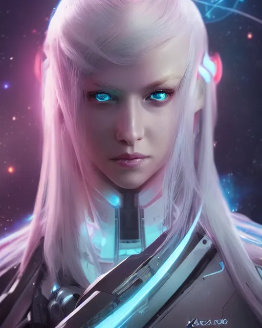 Image similar to perfect android girl on a mothership, warframe armor, beautiful face, scifi, futuristic, galaxy, nebula, raytracing, dreamy, long white hair, blue cyborg eyes, sharp focus, cinematic lighting, highly detailed, artstation, divine, by gauthier leblanc, kazuya takahashi, huifeng huang