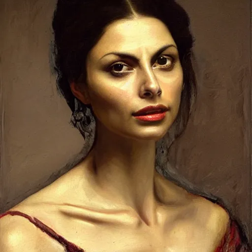 Prompt: portrait of morena baccarin, oil painting byjohannes vermeer, 1 7 th century, art, oil on canvas, wet - on - wet technique, realistic, expressive emotions, intricate textures, illusionistic detail