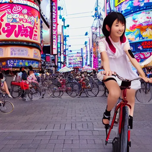 Image similar to anime girl riding bicycle in highly detailed dotonbori street, studio ghibli style, by hayao miyazaki, sharp focus, highly detailed, 4k