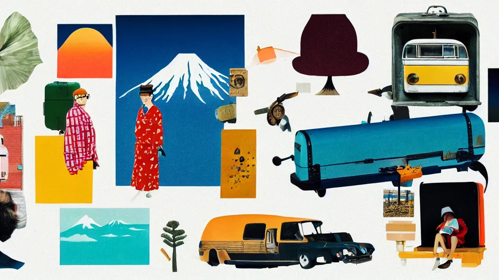 Prompt: an arrangement of hipster traveller props, japan, a collage painting, in the style of wes anderson, lola dupre, david hockney, isolated on negative white space background dark monochrome neon spraypaint accents volumetric octane render