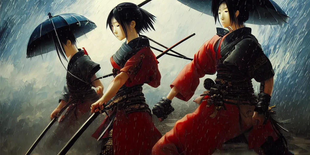 Image similar to baroque oil painting of key visual great samurai war, female samurai, rain, storm, final fantasy, fake detail, trending pixiv fanbox, acrylic palette knife, style of makoto shinkai takashi takeuchi yoshiyuki sadamoto greg rutkowski chiho aoshima