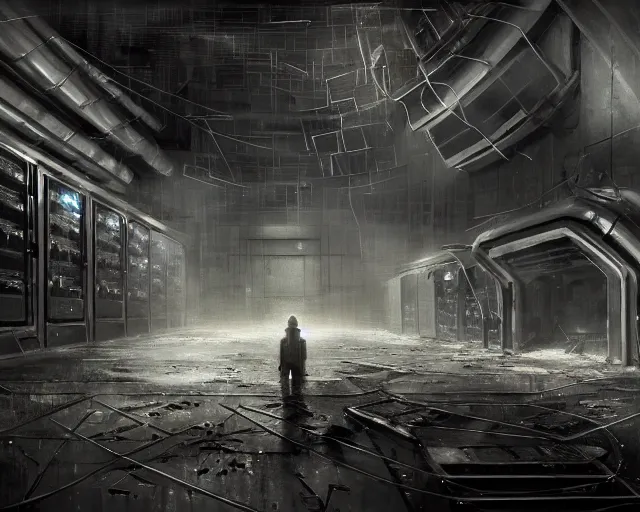 Image similar to robo in gloomy ruined server room in datacenter robot painting concept art of automata rusty steel robot knight colossus welder pacing mono eyed, sharp focus, emitting diodes, smoke, artillery, sparks, racks, motherboard, by pascal blanche rutkowski repin artstation hyperrealism detailed character design matte painting, 4 k resolution blade runner