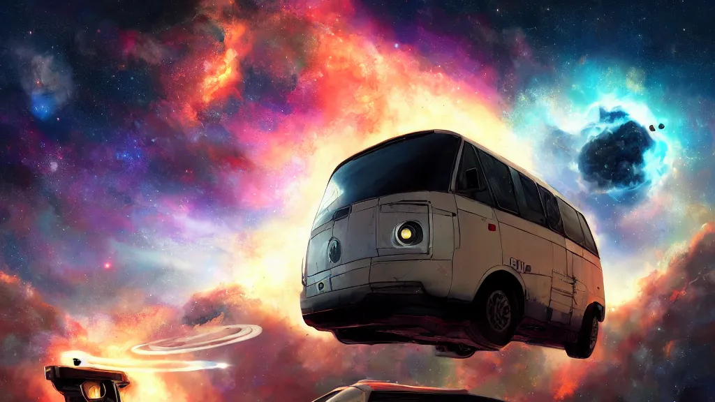 Prompt: a photorealistic picture of a flying space van flying in front of a nebula, shiny metal hull, graffiti on the side, epic, porthole windows everywhere, 4 k hd wallpaper, hyper realistic, legendary, by greg rutkowski, ultrahd, trending on artstation