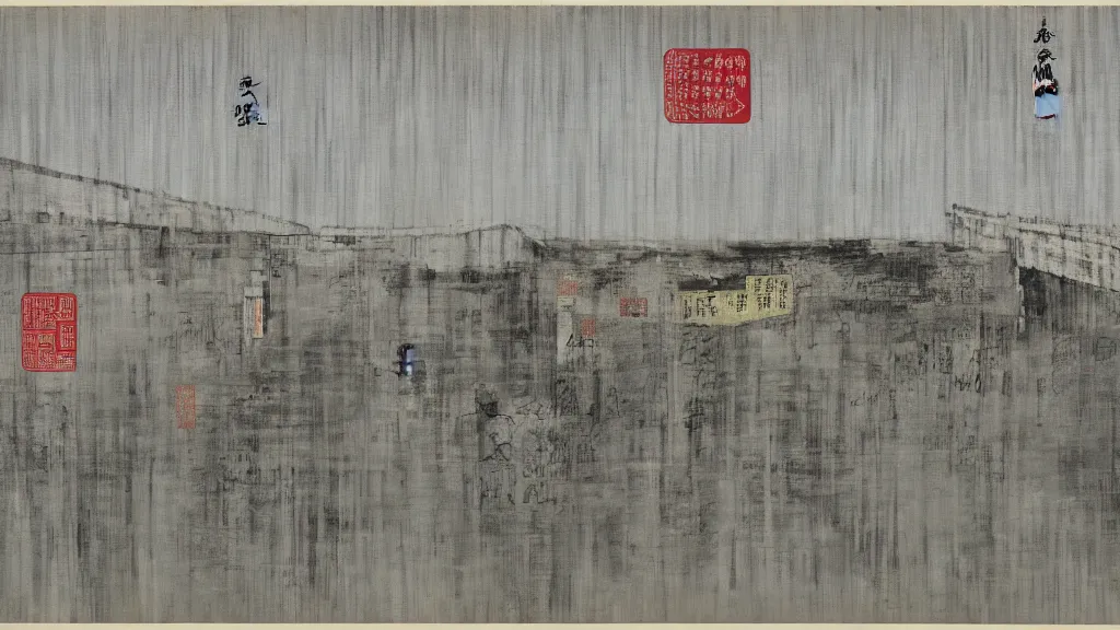 Image similar to a chinese prison near a river by peter doig, muted grey colors, overlaid with chinese letters