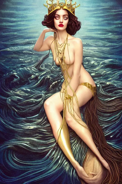Prompt: a beautiful dark androgynous mermaid, pinup pose, long hair, tall and thin, wearing dozens of pendants and a gown of gold, small delicate crown of the sea on her head, illustration, dramatic lighting, soft details, painting oil on canvas, (art nouveau), octane render, HDR, 4k, 8k, HD, by Tom Bagshaw, Brom, Charlie Bowater, faces by otto schmidt