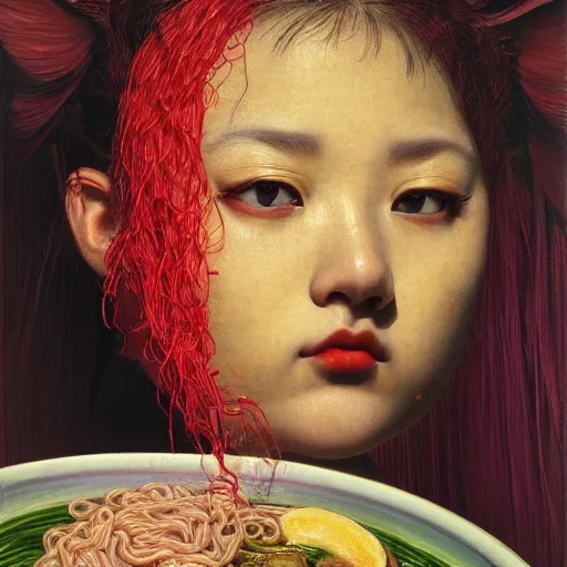 Image similar to girl eating ramen, portrait face, colorful, frantisek kupka, intricate, miles johnston, kuroda seiki, cynical realism, ozabu, john william godward, painterly, yoshitaka amano, moebius, miles johnston, louise zhang, james jean, mark ryden lowbrow pop surrealism art style