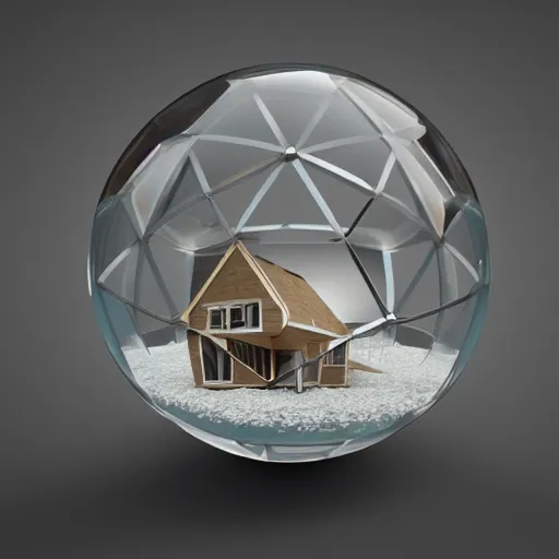 Image similar to crystal sphere with mini modern house inside it, octane render hyperdetailed,