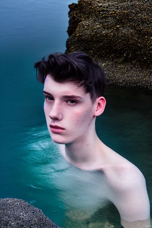 Image similar to high quality pastel coloured film mid angle docu photograph of a beautiful young 2 0 year old male, soft features, short black hair, clothed, in icelandic black rock pool environment. atmospheric. three point light. photographic. art directed. ( pastel colours ). volumetric light. clearcoat. waves glitch. 8 k. filmic.