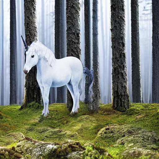Prompt: a depressed unicorn standing next to a spruce forest, high resolution photograph