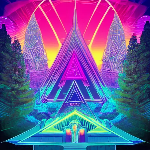 Image similar to mystical psychedelic poster with shaded lighting in the style of andriod jones, radiant light, detailed and complex environment, solace, beautiful, utopic astral city in the sky with many buildings and temples reflecting an modern city on the ground with old growth pine trees, overlaid sacred geometry, with implied lines, gradient of hot pink and neon baby blue