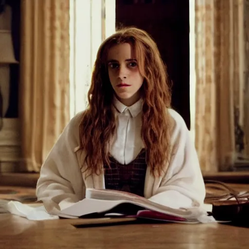 Image similar to hermione granger transforming into white horse in the middle of a living room, emma watson turning into a mare