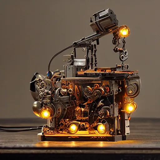 Image similar to tiny mechanical movie prop with led lights, intricate and detailed