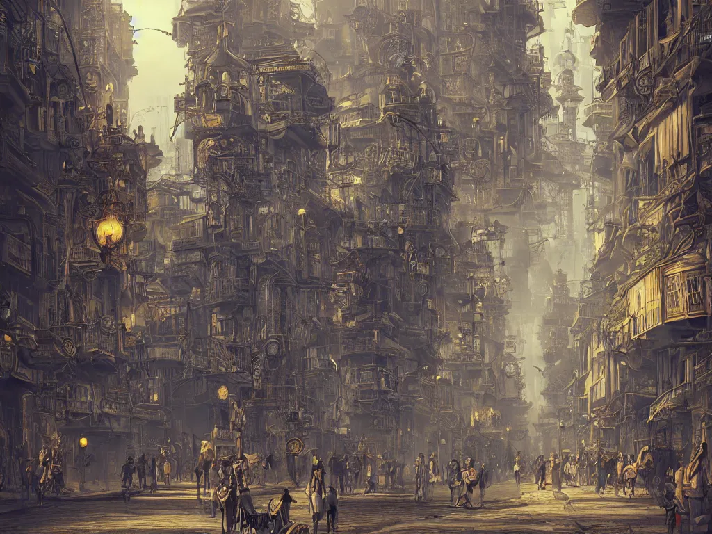 Prompt: rio de janeiro in a steampunk style, travelers walking the streets, 8 k resolution, by hugh ferris and john smith and noriyoshi ohrai, polished, fine detail, intricate, blue color scheme, steampunk style, smooth, octane, concept art, trending on artstation