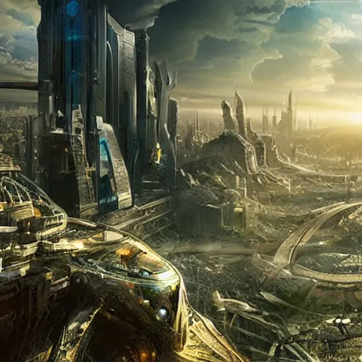 Image similar to An epic future utopian science fantasy cityscape, sustainable architecture, hyperdetailed photorealistic wide angle landscape painting, by Zack Snyder and James Cameron