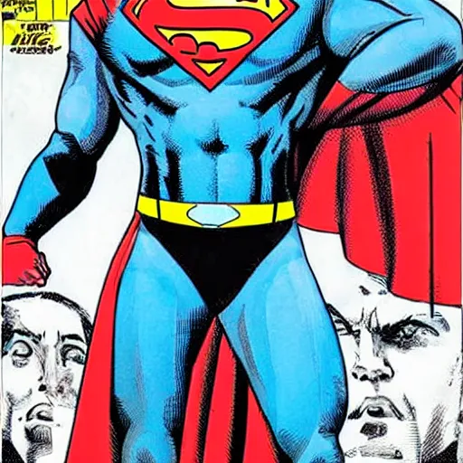 Prompt: Nicholas Cage Superman comic book. Cage is superman. HE is posed with his closed fists on his hips.