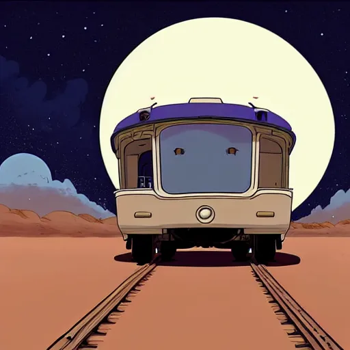 Image similar to a study of cell shaded cartoon limousine train from howl's moving castle ( 2 0 0 4 ) on a desert road, in front of a big moon, full body, wide shot, very muted colors, post grunge, studio ghibli, laurie greasley, highly detailed, deviantart, art by artgem