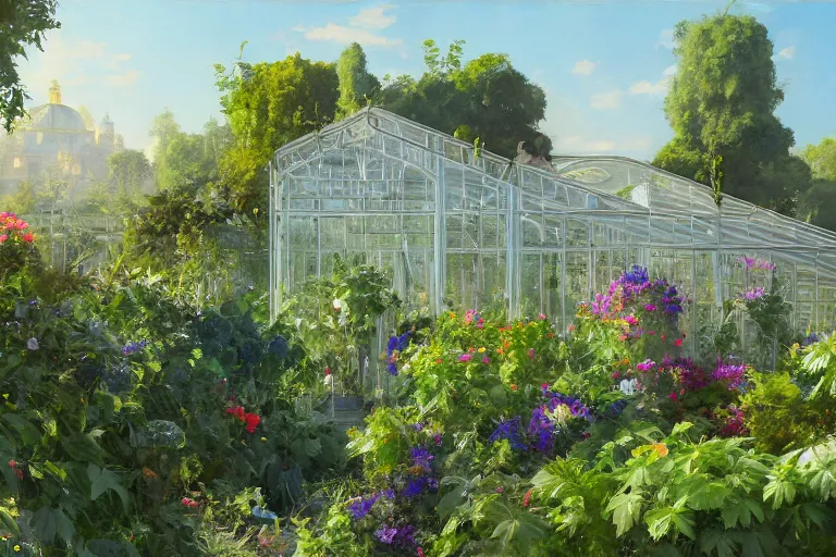 Image similar to weed greenhouse, rococo style, greek architecture, green marble building, marijuana trees, multicolored weed leaves, dynamic lighting, landscape, artwork by jeremy lipkin and giuseppe dangelico pino and michael garmash and rob rey and greg manchess and huang guangjian and makoto shinkai, pixiv, 1 0 0 mm