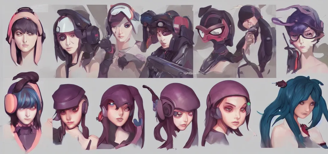 Image similar to concept art of egirl female video game characters head designs, wild, pastels, disgaea, flcl, overwatch, by marc brunet and artgerm