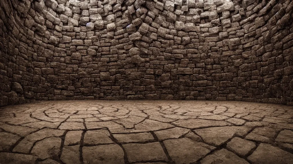 Prompt: The inside of a labyrinth, surrounded by walls made out of a dark brown stone, foggy atmosphere