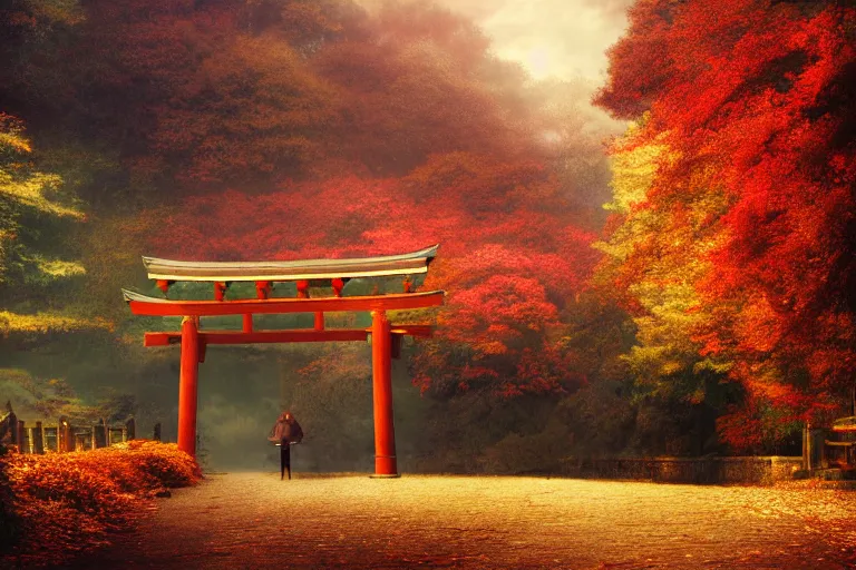 Prompt: hypnagogic reflections by makoto shinkai, centered torii gate, japanese countryside, dark atmoshperic, autumn skyscape, anime wallpaper, 4k, trending arstationhq, daily deviation