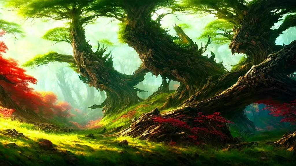 Image similar to forest clearing landscape, bright colors, fantasy, elegant, highly detailed, digital painting, artstation, concept art, smooth, sharp focus, illustration, wide angle, artbook, wallpaper, splash art, promo art, soul calibur, league of legends, art by artgerm and greg rutkowski and bo chen and jin xiaodi
