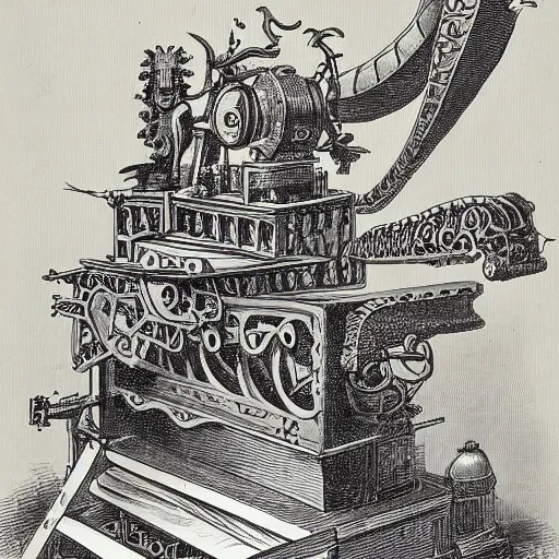 Prompt: a dragon with victorian machine on it's side, book illustration