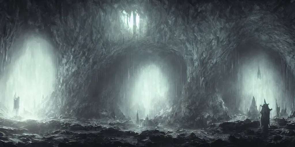 Prompt: inside volumetric cave in the style of bloodborne, dark souls, demon souls, gothic art, dark fantasy, concept art, digital painting, trending on art station, night time, moon light, god rays, highly detailed