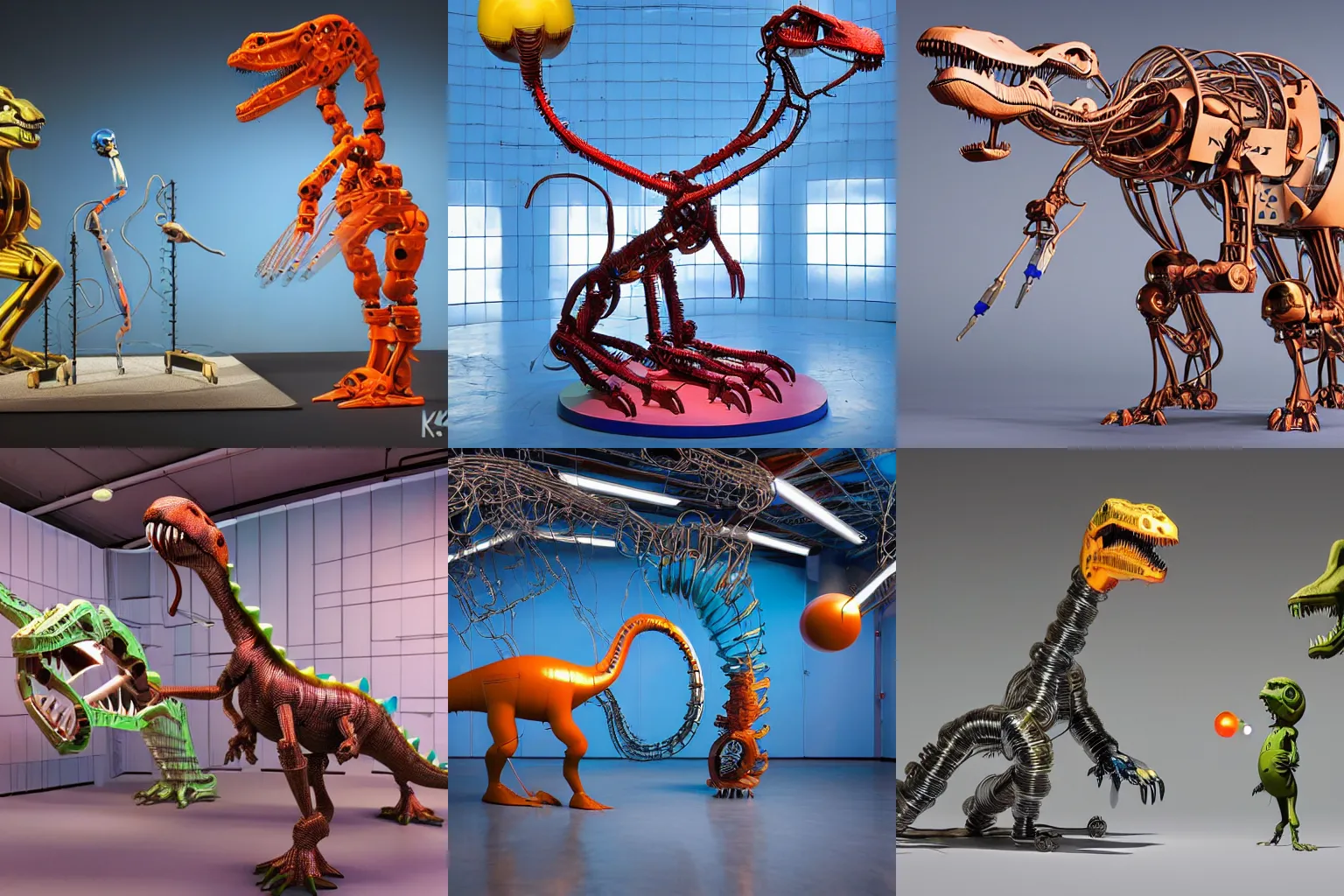 Prompt: A propaganda, plastic simple funny mechanic organic mechabot dinosaur characterdesign toy sculpture made from chrome wires and tubes by moebius, by david lachapelle, by angus mckie, by rhads, by jeff koons, in an empty studio hollow, c4d