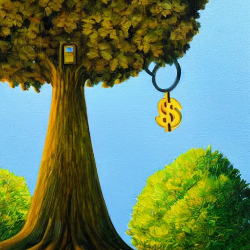 Image similar to money growing on trees detailed luminescent 4 k magical realism painting