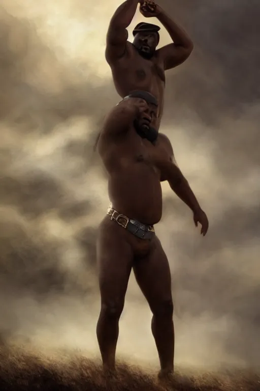 Prompt: a beautiful dramatic epic painting of a thicc beefy shirtless black man | he is wearing a leather harness and cowboy hat | prairie setting, dust clouds | homoerotic, highly detailed, dramatic lighting | by Mark Maggiori, by William Herbert Dunton, by Charles Marion Russell | trending on artstation