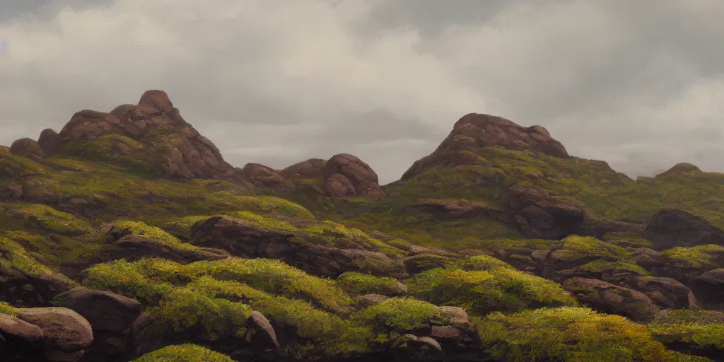 Prompt: painting of rocky highlands with a ruined stone fort in the far distance, overcast skies, muted colors