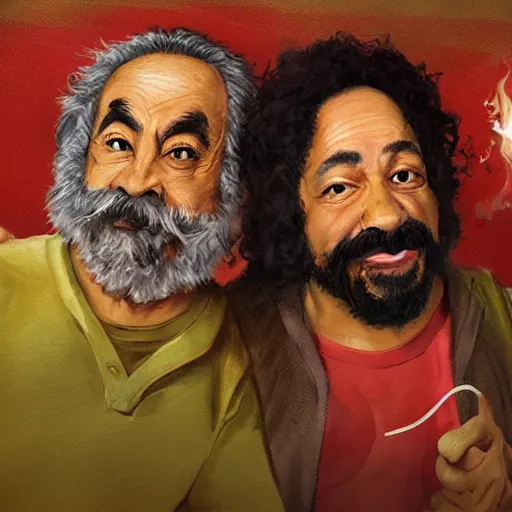 Image similar to portrait of cheech and chong, concept art, highly detailed, up in smoke, cinematic smoke background,