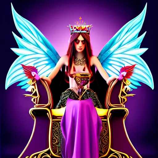 Image similar to Princess sorceress with red flaming bird wings on her back and sitting on an ornate throne dressed in a fancy purple dress, beautiful realistic face, Fantasy, Full Portrait, High detail, realistic, planeswalker