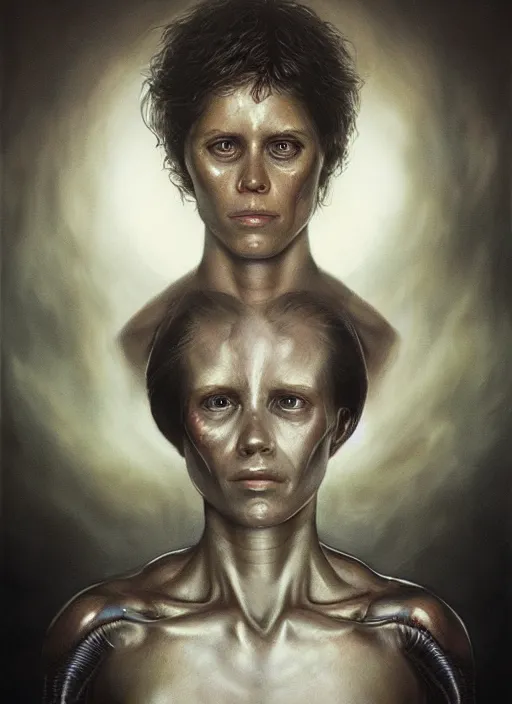 Prompt: a hyper detailed upper body portrait of ellen ripley : : 1 0 beginning a transformation into a xenomorph : : 5, by tom bagshaw, by zdzisław beksinski, trending on artstation