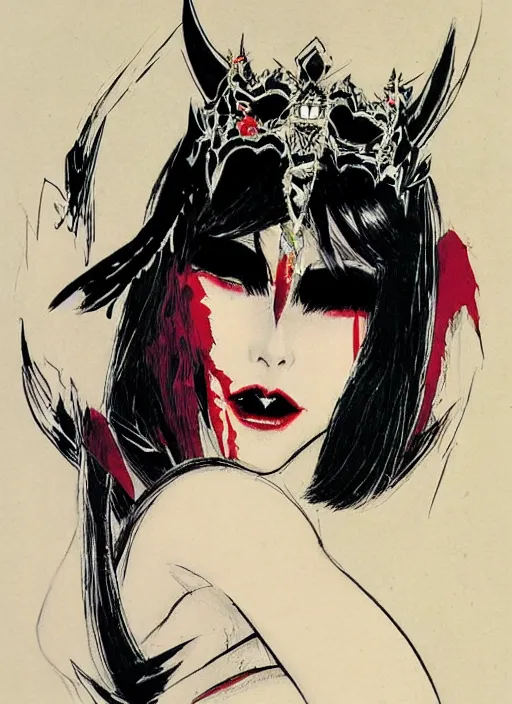 Prompt: mighty female korean vampiress, jeweled headdress, heavy mascara, strong line, saturated color, beautiful! coherent! by frank frazetta, high contrast, minimalism