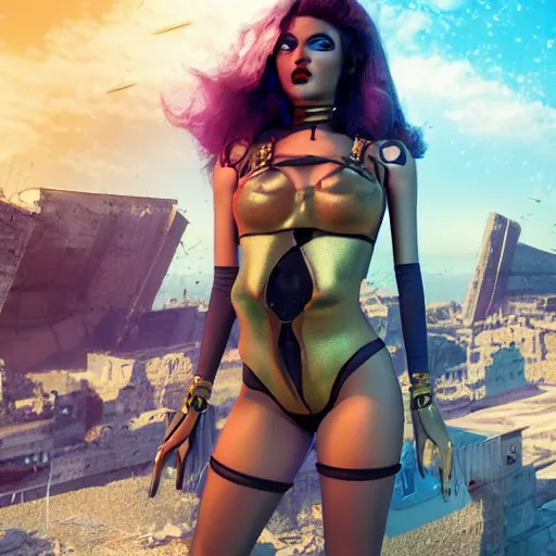 Image similar to Epic cinematic action scene render of a very beautiful dollpunk wearing Abstract tech bodysuit, in front of a ruined city, focus, realistic eyes, symmetric body features proportions, golden ratio, ultra intricate details, award winning, unreal render