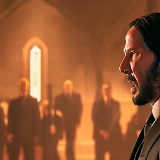 Prompt: cinematic still of John Wick singing on stage holding a Bible in John Wick (2009). loud singing. church choir behind. heavenly lighting. shallow depth of field, cinematic